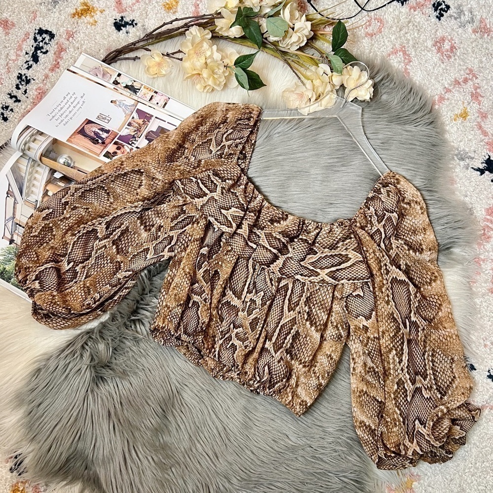 Zara Tan Snake Print Balloon Sleeve Boho Chiffon Tie Front Women’s Blouse Sz L